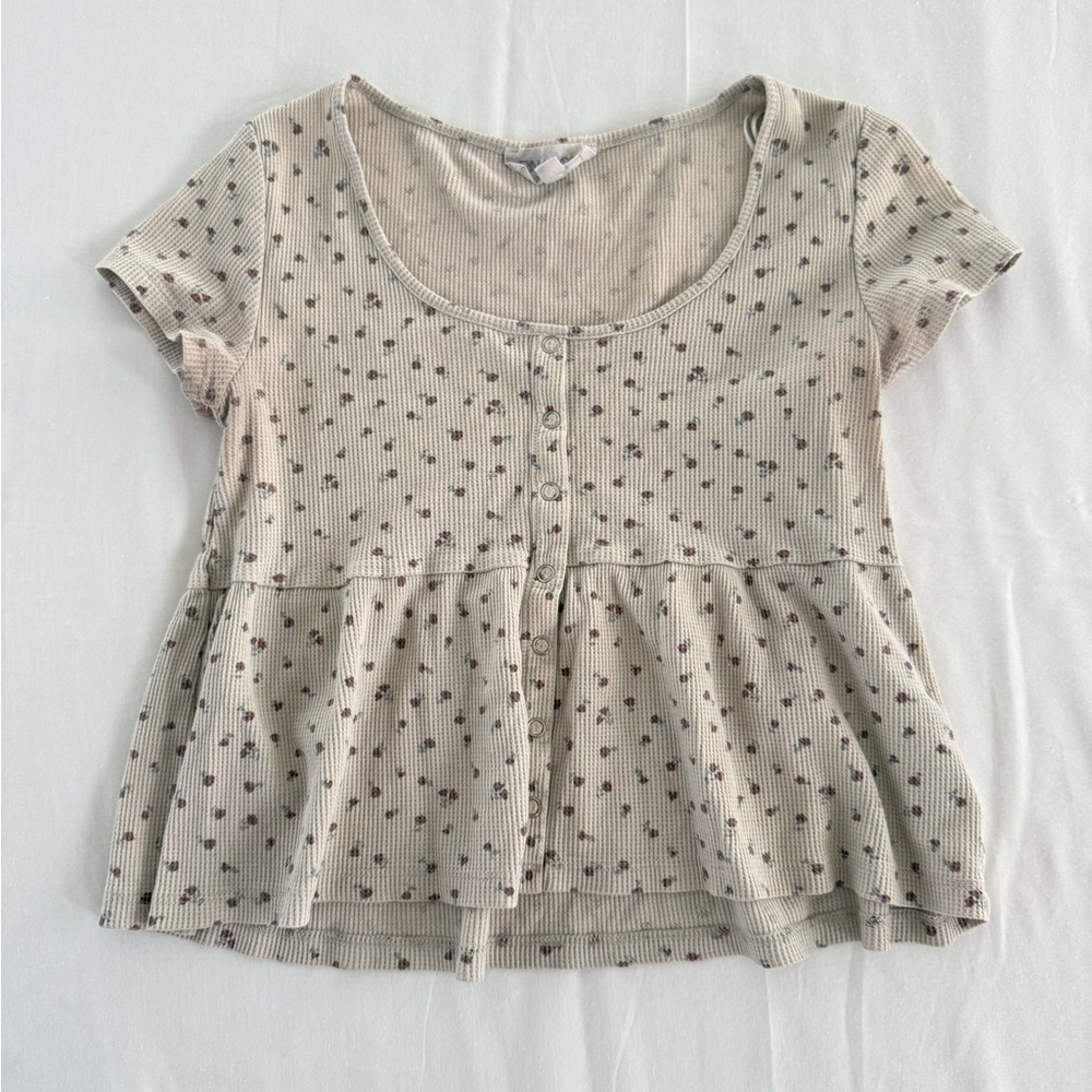 Pink Rose Size Medium Floral Ribbed Baby Doll Top Button Front Short Sleeve